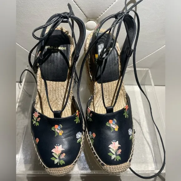Saint Laurent Black Floral Espadrille Wedges