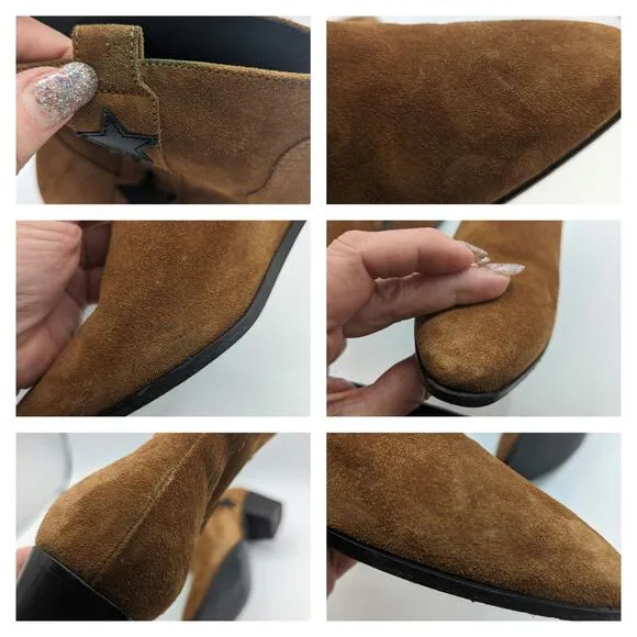 Saint Laurent YSL Rock Star 40 Tan Suede Ankle Western Black Star 38 US Size 8