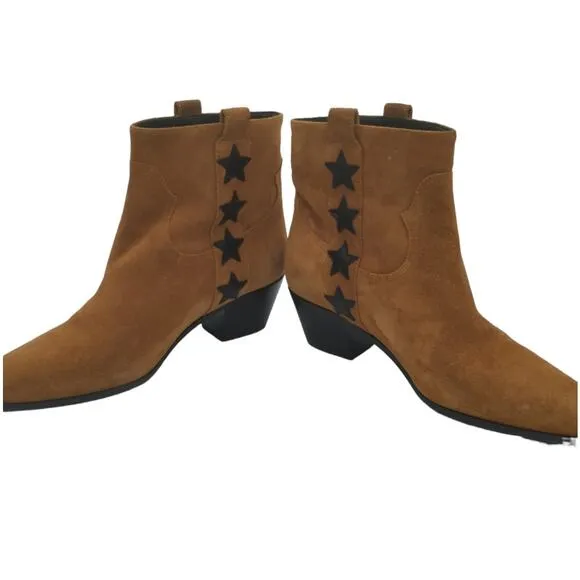 Saint Laurent YSL Rock Star 40 Tan Suede Ankle Western Black Star 38 US Size 8