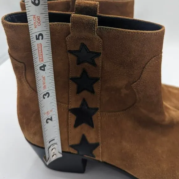 Saint Laurent YSL Rock Star 40 Tan Suede Ankle Western Black Star 38 US Size 8