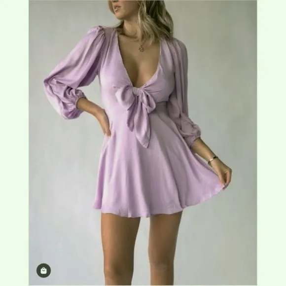 SAINTS   SECRETS Mauve Tie Front Puff Sleeve Brunch Date Mini Dress sz M Women's