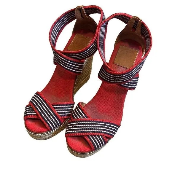 SALE TORY BURCH Adonis red blue stripe canvas espadrille wedge sandals