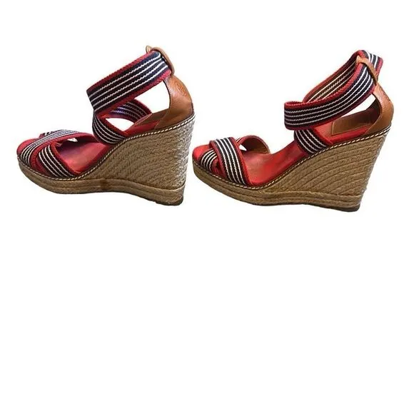SALE TORY BURCH Adonis red blue stripe canvas espadrille wedge sandals