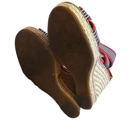 SALE TORY BURCH Adonis red blue stripe canvas espadrille wedge sandals
