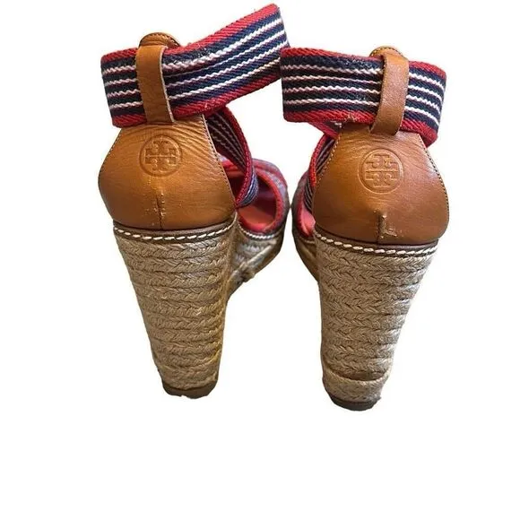 SALE TORY BURCH Adonis red blue stripe canvas espadrille wedge sandals
