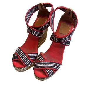 SALE TORY BURCH Adonis red blue stripe canvas espadrille wedge sandals