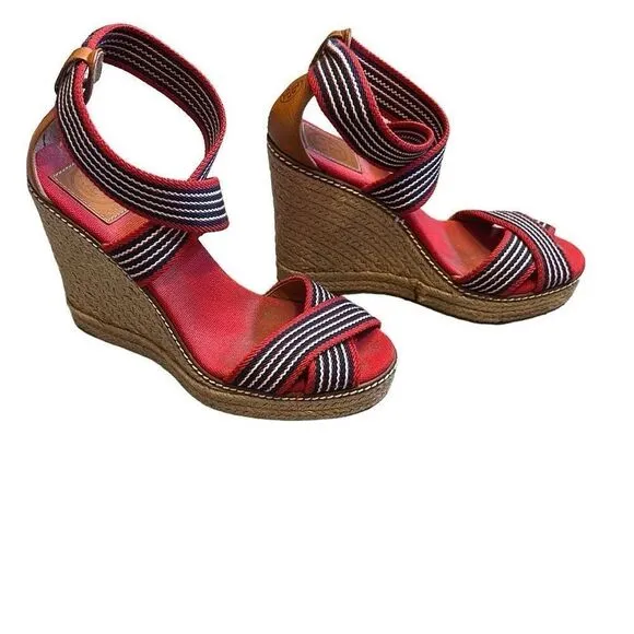 SALE TORY BURCH Adonis red blue stripe canvas espadrille wedge sandals