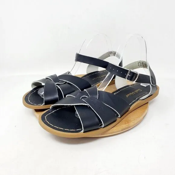 Saltwater Sandals Womens 11 Black Leather Flats Strappy Classic Pool Beach Shoes