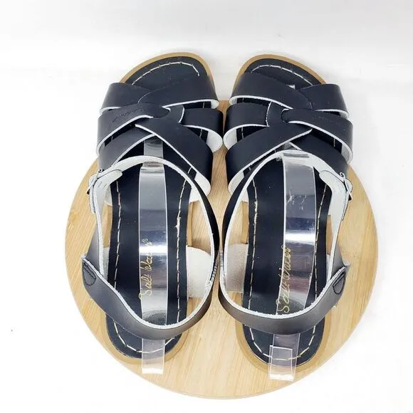 Saltwater Sandals Womens 11 Black Leather Flats Strappy Classic Pool Beach Shoes