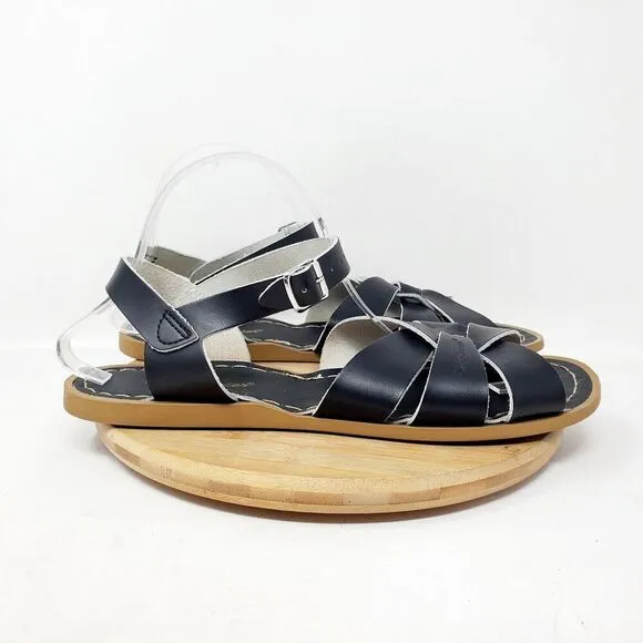 Saltwater Sandals Womens 11 Black Leather Flats Strappy Classic Pool Beach Shoes