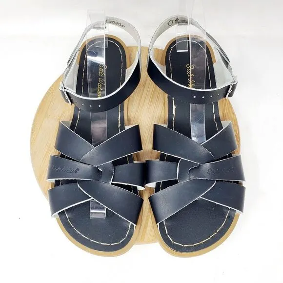 Saltwater Sandals Womens 11 Black Leather Flats Strappy Classic Pool Beach Shoes