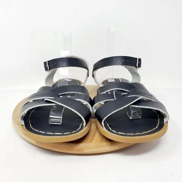Saltwater Sandals Womens 11 Black Leather Flats Strappy Classic Pool Beach Shoes