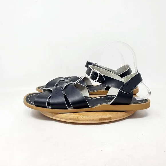 Saltwater Sandals Womens 11 Black Leather Flats Strappy Classic Pool Beach Shoes