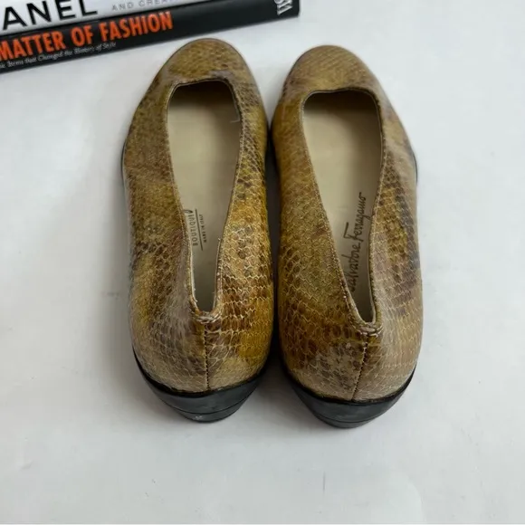 Salvatore Ferragamo Ballet Flats 6 B Brown Yellow Leather Snakeskin Slip