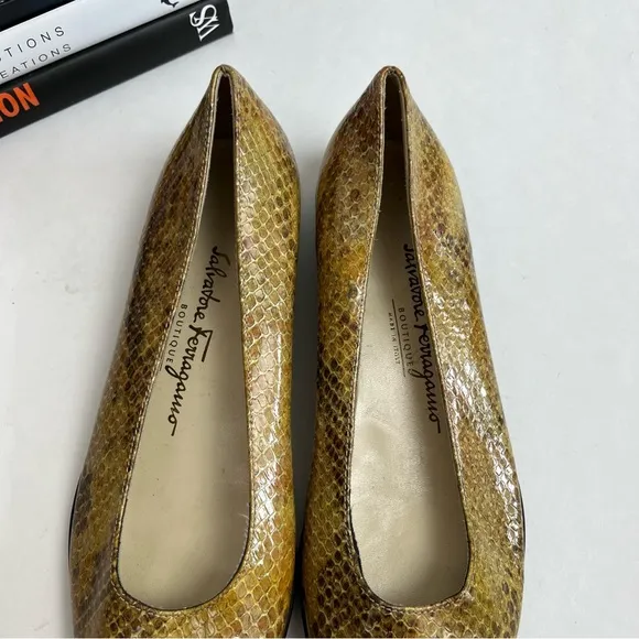 Salvatore Ferragamo Ballet Flats 6 B Brown Yellow Leather Snakeskin Slip