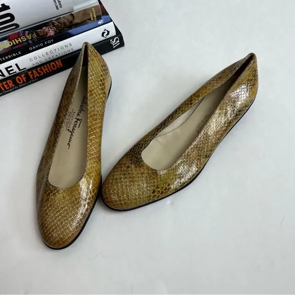 Salvatore Ferragamo Ballet Flats 6 B Brown Yellow Leather Snakeskin Slip
