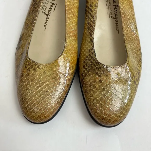 Salvatore Ferragamo Ballet Flats 6 B Brown Yellow Leather Snakeskin Slip