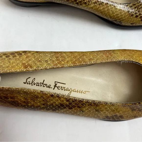 Salvatore Ferragamo Ballet Flats 6 B Brown Yellow Leather Snakeskin Slip