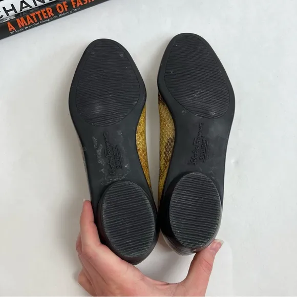Salvatore Ferragamo Ballet Flats 6 B Brown Yellow Leather Snakeskin Slip