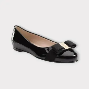 Salvatore Ferragamo Black Patent Leather Bow Ballet Flats