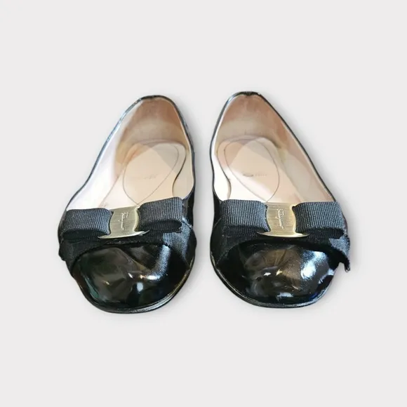 Salvatore Ferragamo Black Patent Leather Bow Ballet Flats