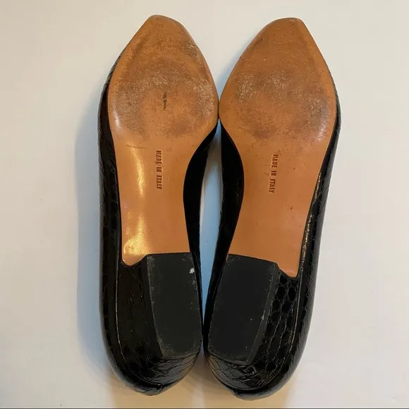 SALVATORE FERRAGAMO HEELS SHOES BLACK LEATHER TEXTURED CROC LOOK SIZE 10 AA