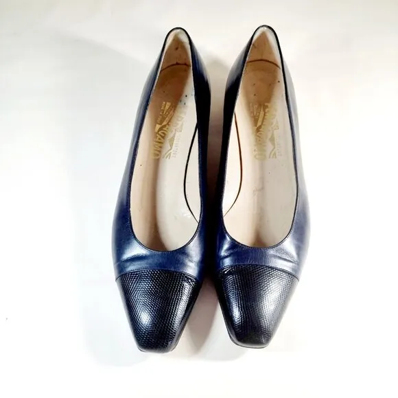 Salvatore Ferragamo Navy Blue Cap Toe Pumps (Vintage)