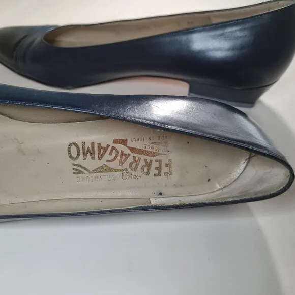 Salvatore Ferragamo Navy Blue Cap Toe Pumps (Vintage)