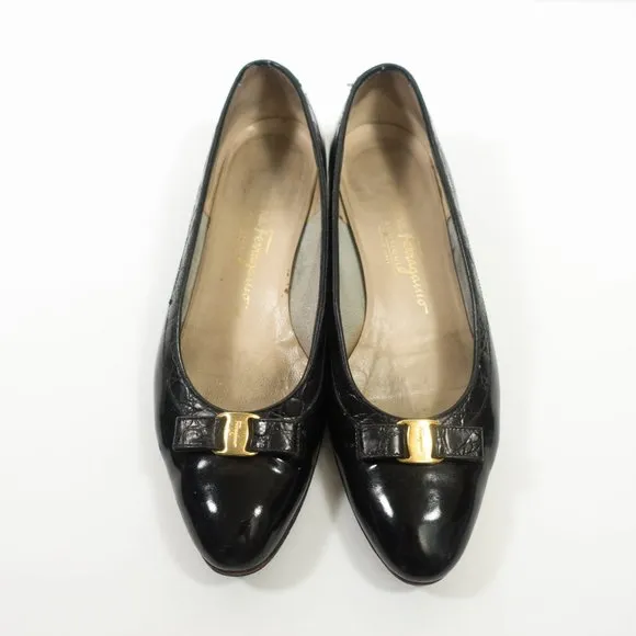 Salvatore Ferragamo Patent Leather Bow Flats - Women's Size 7 C Wide - Black