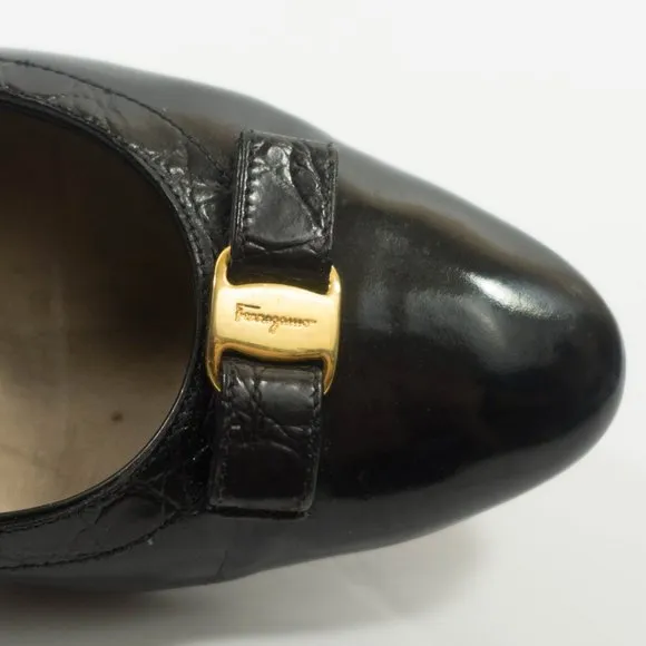 Salvatore Ferragamo Patent Leather Bow Flats - Women's Size 7 C Wide - Black