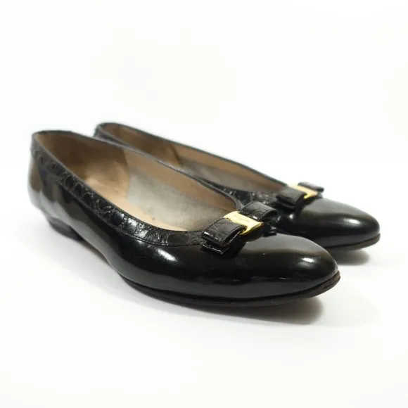 Salvatore Ferragamo Patent Leather Bow Flats - Women's Size 7 C Wide - Black