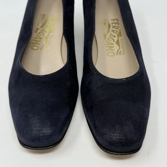 Salvatore Ferragamo Shoes Womens 6.5 B Blue Textured Suede Pumps Heels Italy