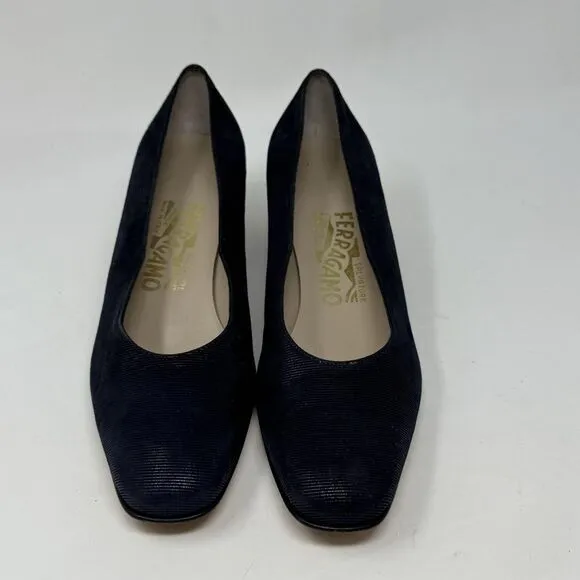 Salvatore Ferragamo Shoes Womens 6.5 B Blue Textured Suede Pumps Heels Italy