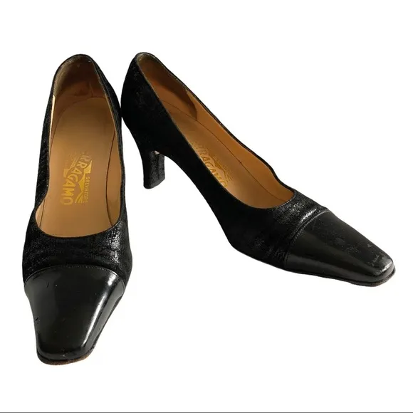 SALVATORE FERRAGAMO Suede Patent Cap Toe Pumps Size 7.5