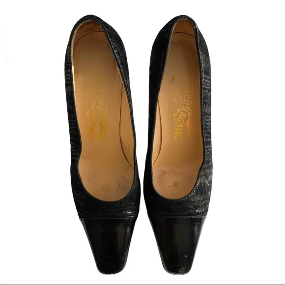 SALVATORE FERRAGAMO Suede Patent Cap Toe Pumps Size 7.5