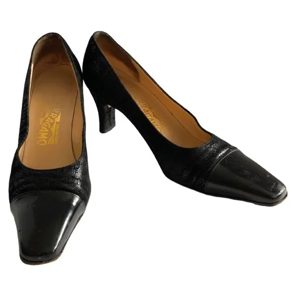 SALVATORE FERRAGAMO Suede Patent Cap Toe Pumps Size 7.5
