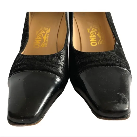 SALVATORE FERRAGAMO Suede Patent Cap Toe Pumps Size 7.5
