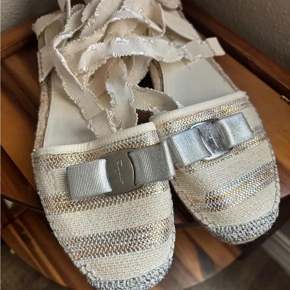 Salvatore Ferragamo Women's Cream and Silver Flats