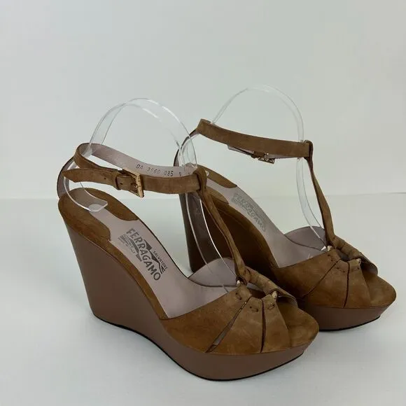 Salvatore Ferragamo Womens Shoes Size 9 Brown Sandals Wedges Strappy Ladies