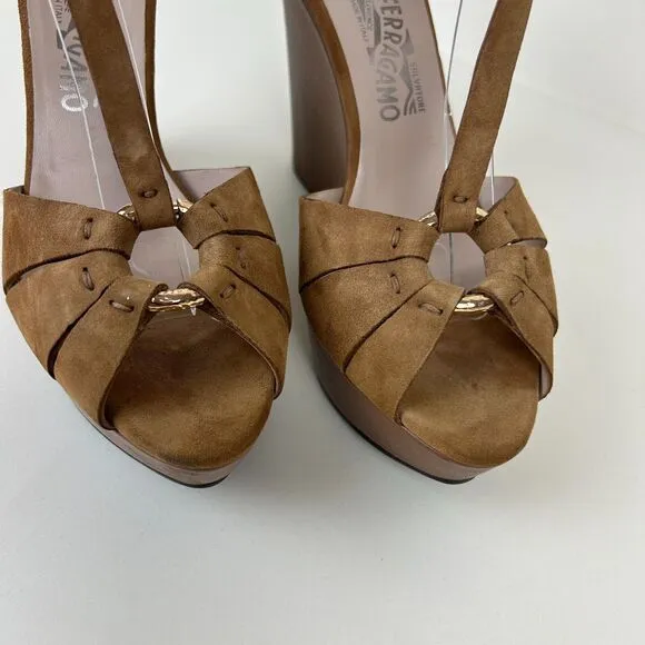 Salvatore Ferragamo Womens Shoes Size 9 Brown Sandals Wedges Strappy Ladies