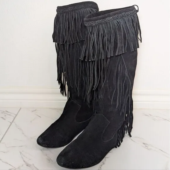 Sam Edelman Black Leather Suede Utah Fringe Bohemian Boho Festival Boots 6 M