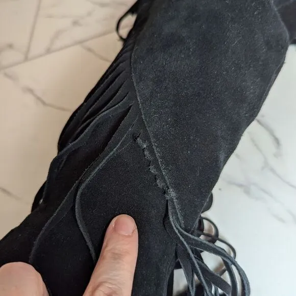 Sam Edelman Black Leather Suede Utah Fringe Bohemian Boho Festival Boots 6 M