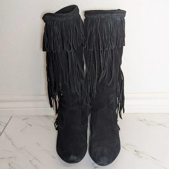 Sam Edelman Black Leather Suede Utah Fringe Bohemian Boho Festival Boots 6 M
