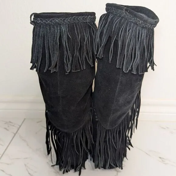 Sam Edelman Black Leather Suede Utah Fringe Bohemian Boho Festival Boots 6 M