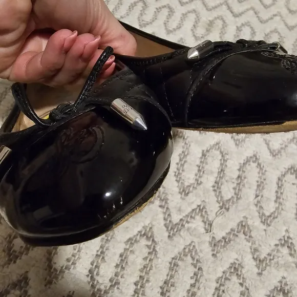 SAM EDELMAN quilted black leather flats with lace bow. Used size 5