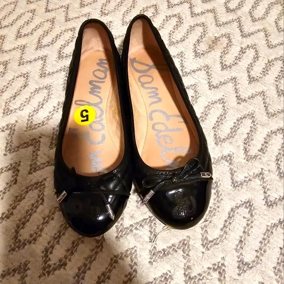 SAM EDELMAN quilted black leather flats with lace bow. Used size 5