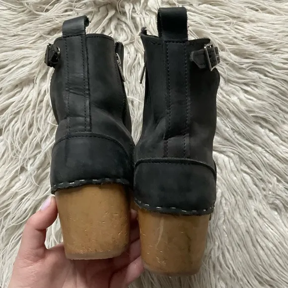Sandgrens Black Nubuck Leather Wooden Clog Ankle Heeled Boots Size 40