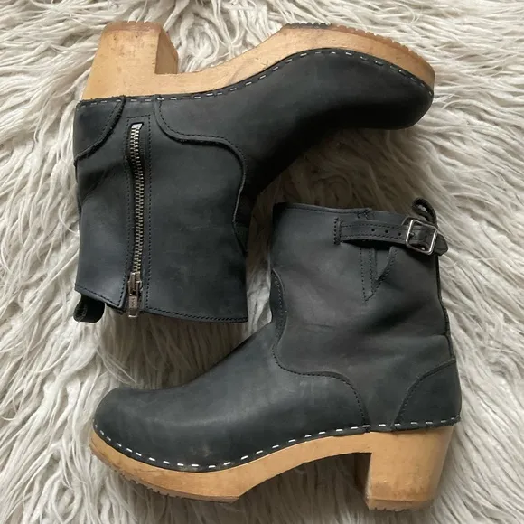 Sandgrens Black Nubuck Leather Wooden Clog Ankle Heeled Boots Size 40