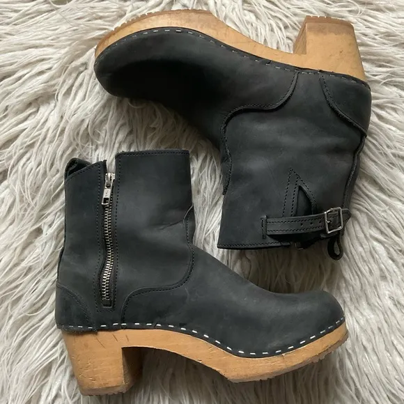 Sandgrens Black Nubuck Leather Wooden Clog Ankle Heeled Boots Size 40