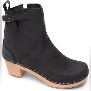 Sandgrens Black Nubuck Leather Wooden Clog Ankle Heeled Boots Size 40